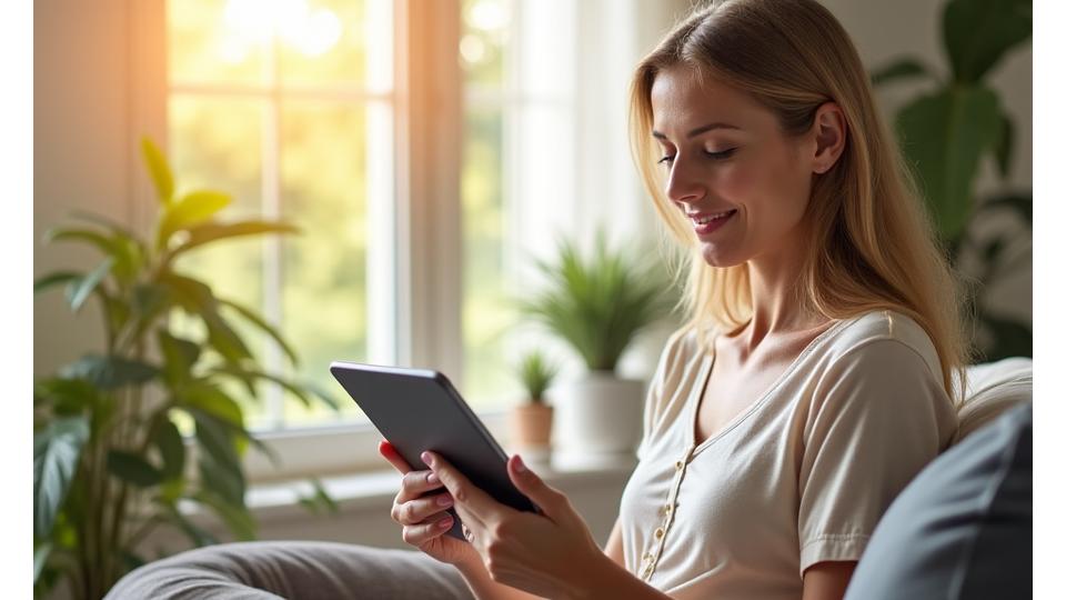 Mujer sonriente leyendo un tablet en un entorno natural bañado por el sol, simbolizando la claridad y el bienestar.