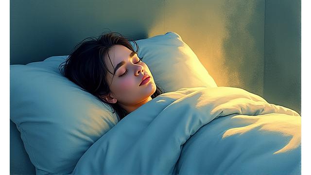 Acuarela suave de una persona durmiendo tranquilamente en un entorno cómodo y oscuro.