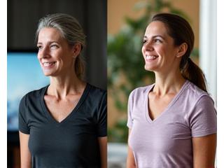 Sofía, una mujer sonriente de 48 años, en una foto de antes y después, mostrando un cambio positivo en vitalidad