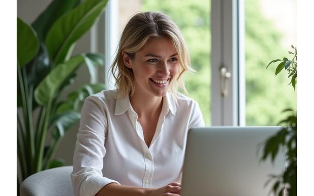 Mujer 35-45 trabajando sonriendo con energía en oficina moderna