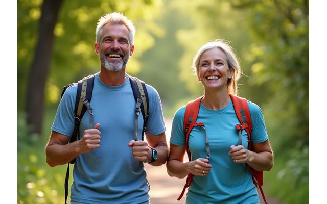 Hombre y mujer 45-55 disfrutando de un paseo por el parque con vitalidad