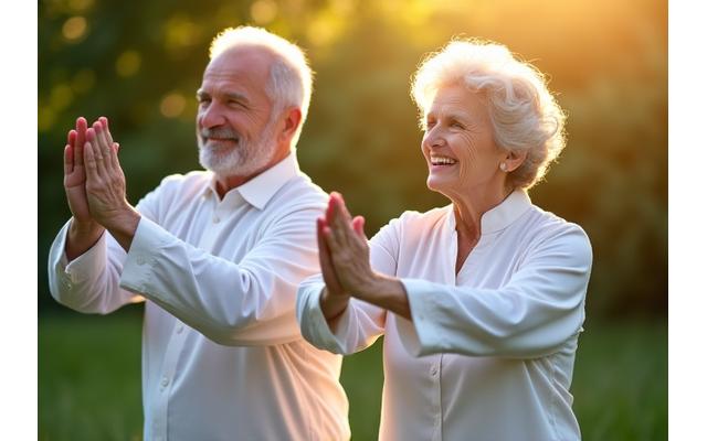 Pareja mayor 55+ riendo y haciendo yoga al aire libre, llena de vitalidad