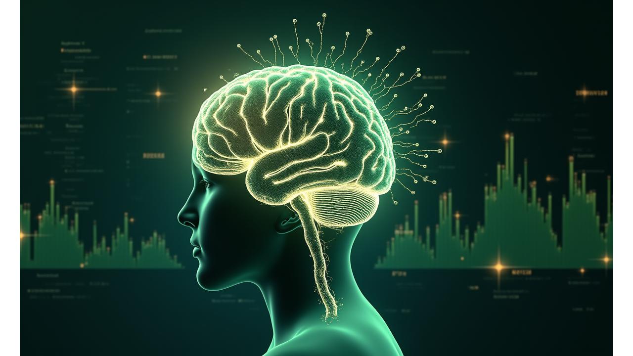 Gráfico detallado mostrando bio-marcadores de longevidad en un dashboard digital con una infografía de un cerebro saludable.