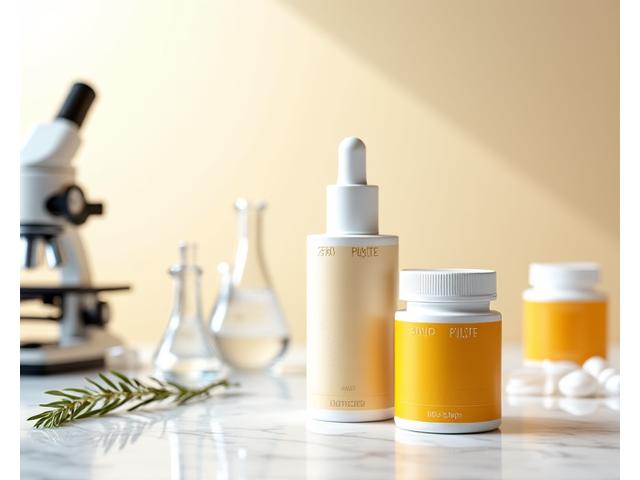 Colección de suplementos premium en envases elegantes, junto a microscopios y probetas, simbolizando calidad y ciencia.
