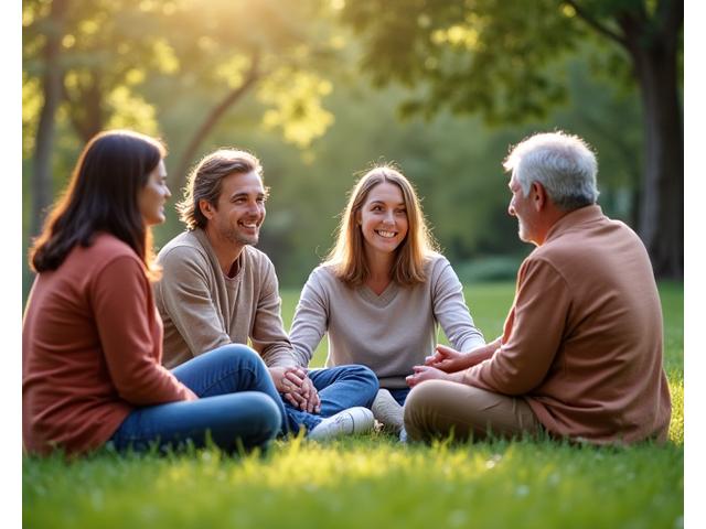 Grupo diverso de personas conectando en un círculo en un entorno verde, simbolizando apoyo comunitario